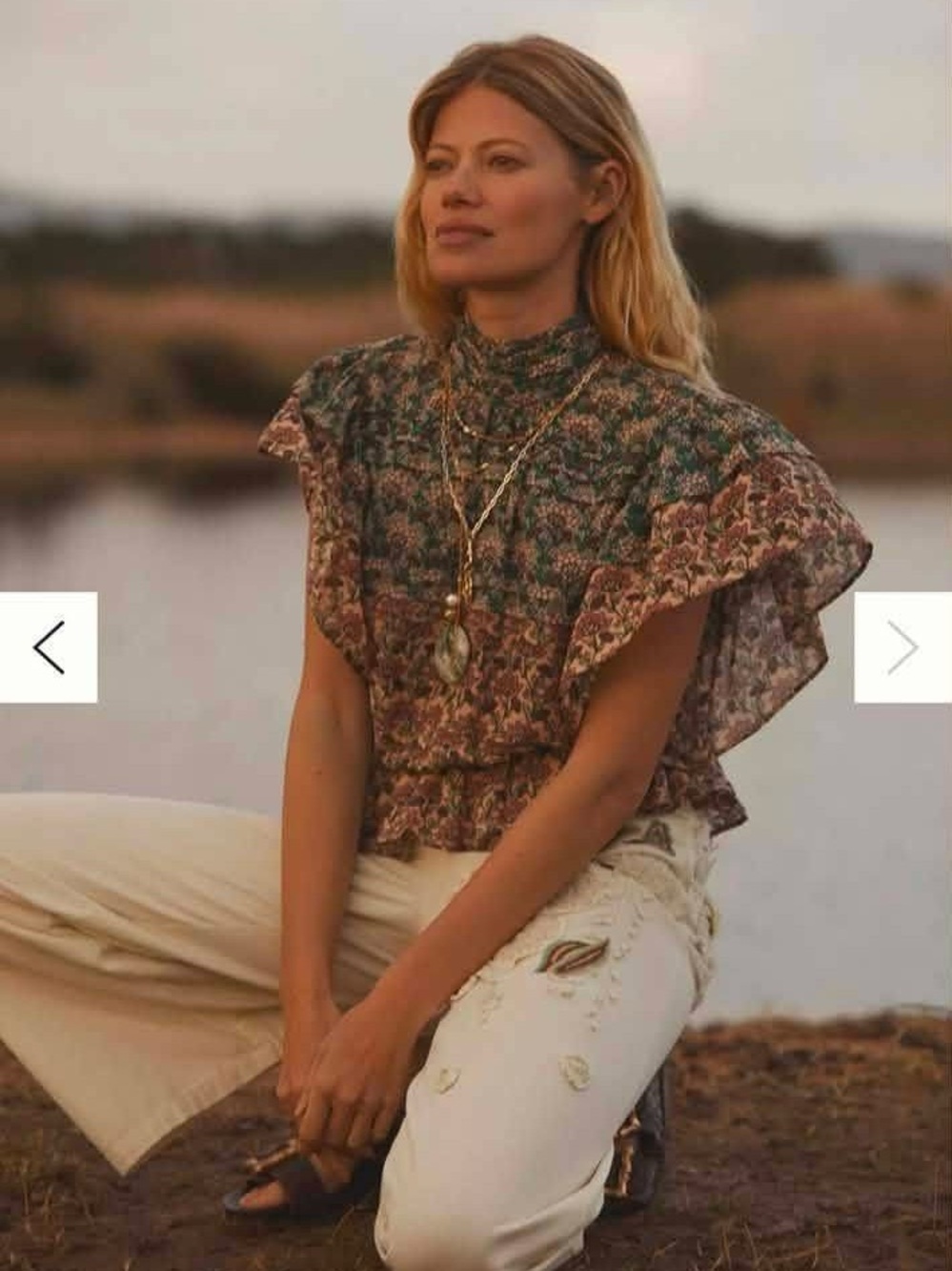 High-Neck Ruffled Floral Blouse - Green/Brown peasant top